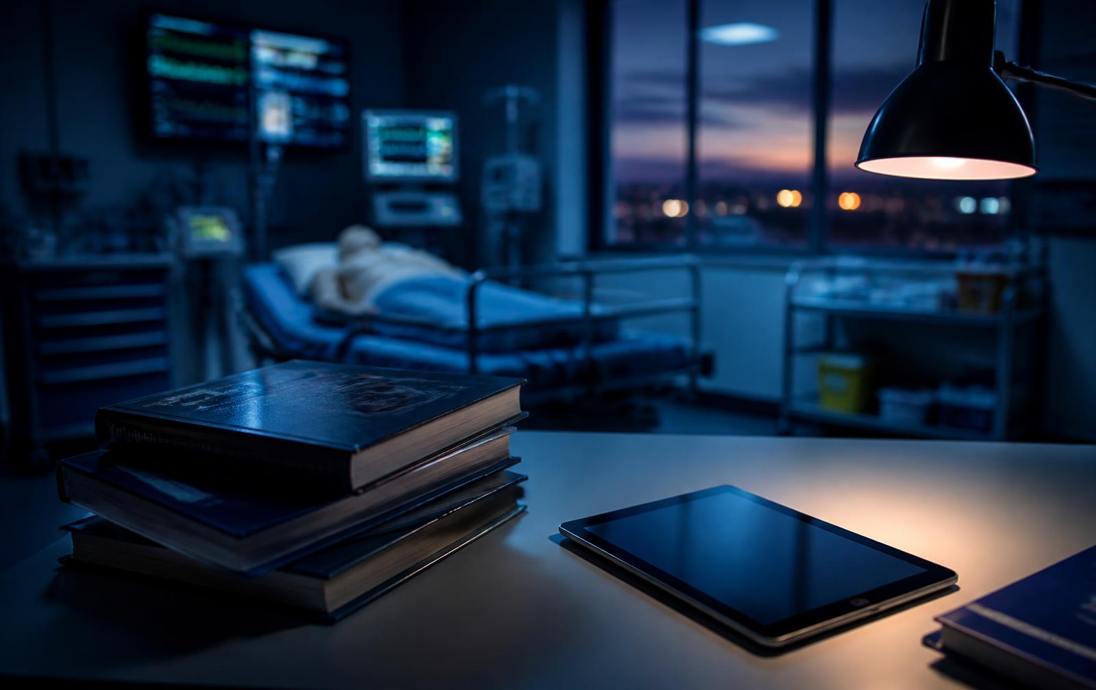 Emergency medicine study desk beside a simulation bay at dusk
